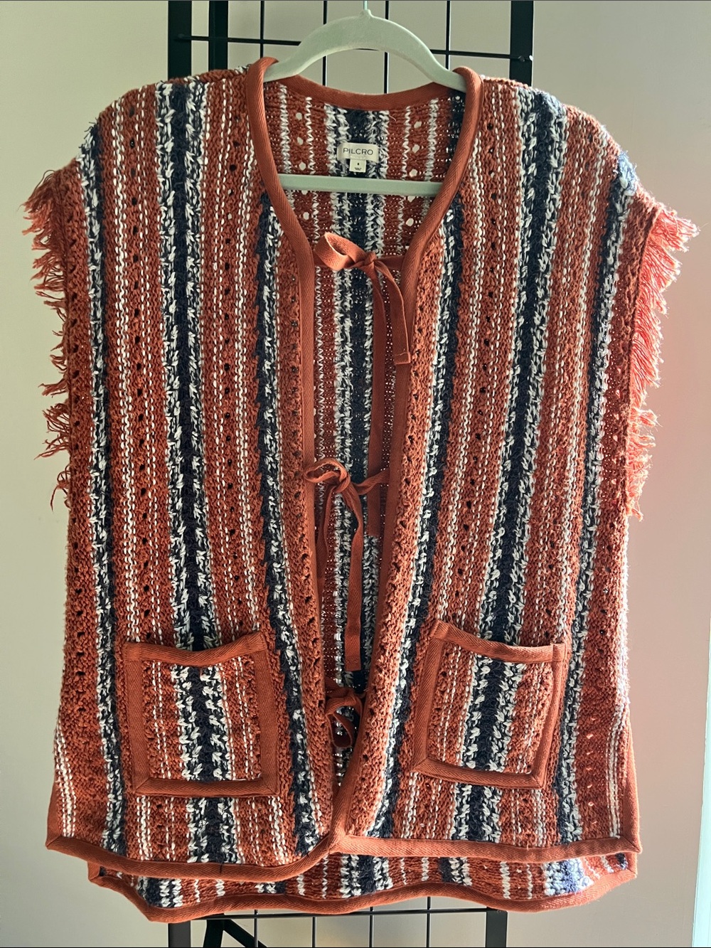 Pilcro x Anthropology Burnt Orange Knit Cardigan Sweater Vest w Front Ties Sz S